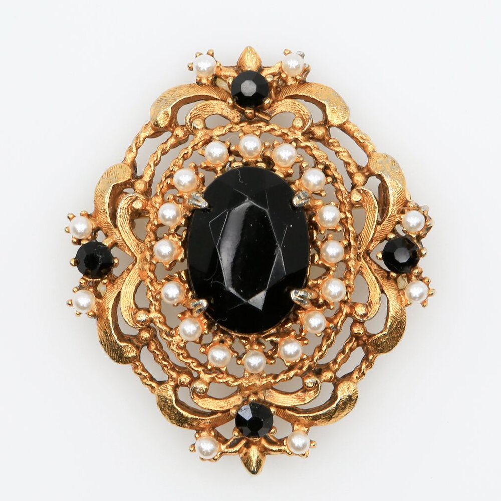 Vintage Florenza Victorian Gothic Revival Black Stone Faux Pearl Brooch 1960s